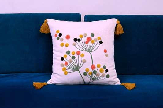BOHO Botanical Embroidered Cotton Cushion Cover with Tassels – 18x18 Inch (Set of 2)