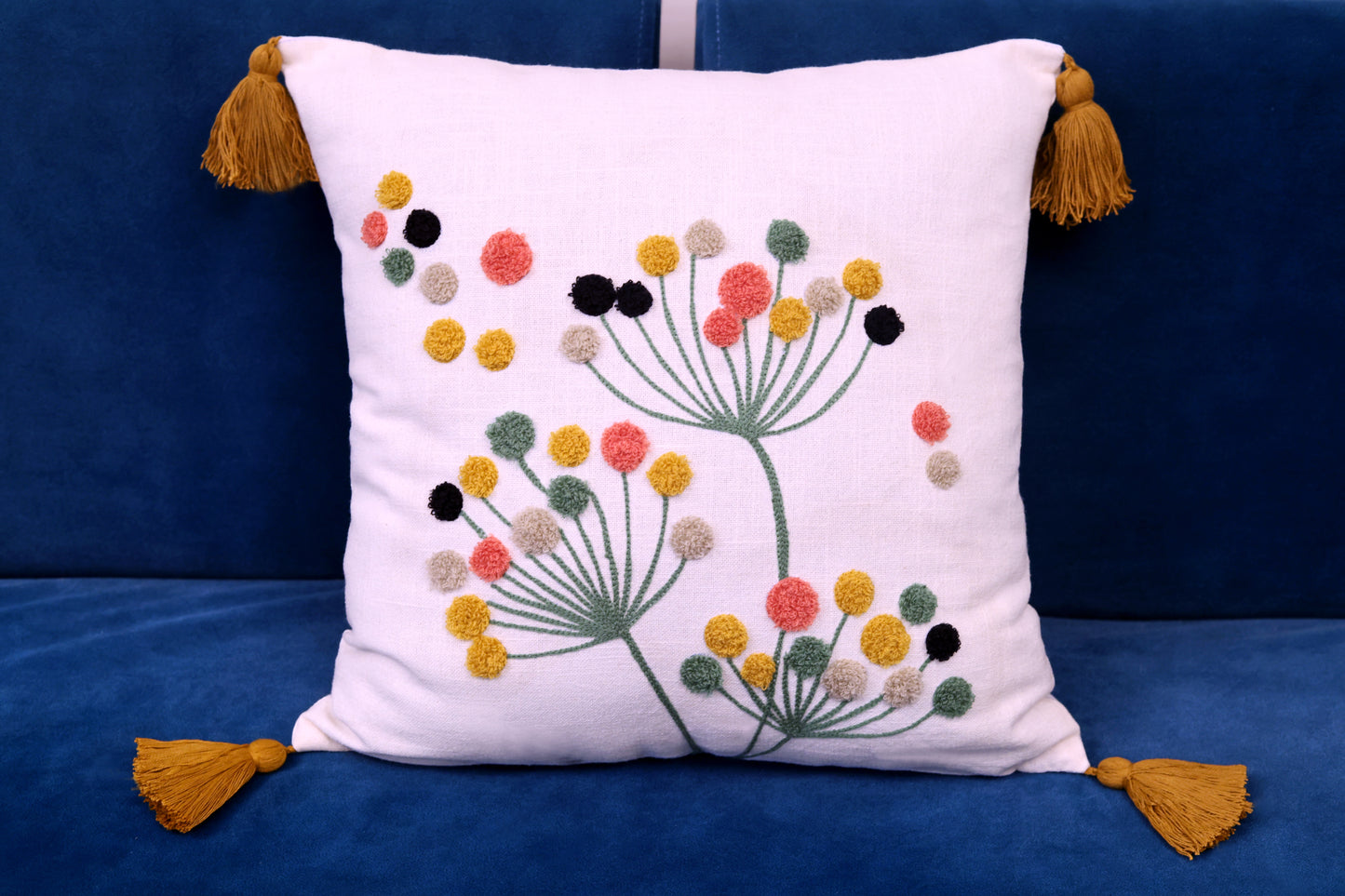 BOHO Botanical Embroidered Cotton Cushion Cover with Tassels – 18x18 Inch (Set of 2)