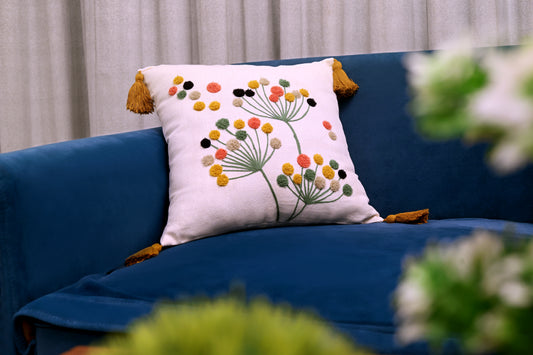 BOHO Botanical Embroidered Cotton Cushion Cover with Tassels – 18x18 Inch (Set of 2)